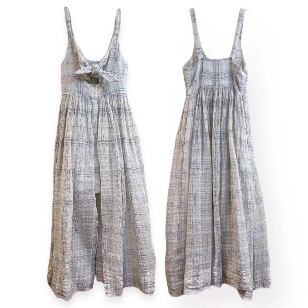 SHONA JOY White Plaid Tie Front Strappy Designer Bohemian Classic Maxi Dress 2